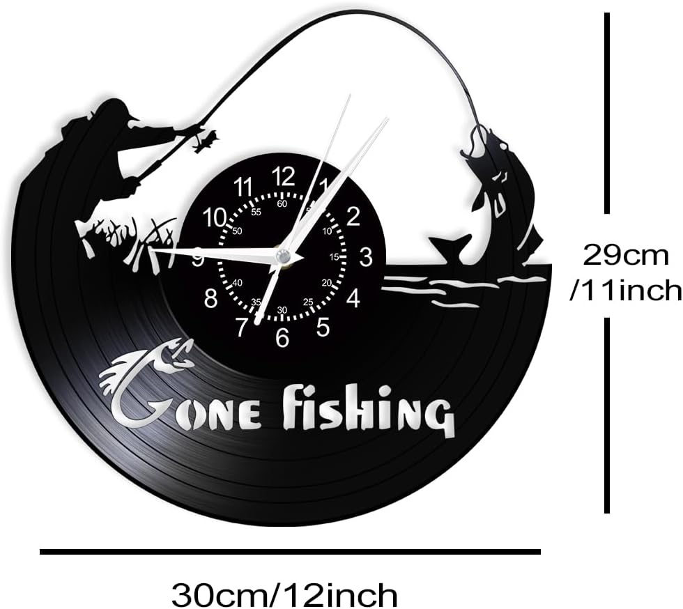 Gone Fishing Wall Clock, 12 Inch Fisherman Wall Clock Silent Quartz Non Ticking Battery Operated, Vintage Decorative Analog Black Vinyl Record Clock Wall Watch for Living Room Bedroom