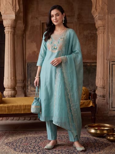 Image of INDO ERA Women's Silk Blend Embroidered Thread Work Straight Kurta & Pant with Dupatta Set | Kurta Sets For Woman