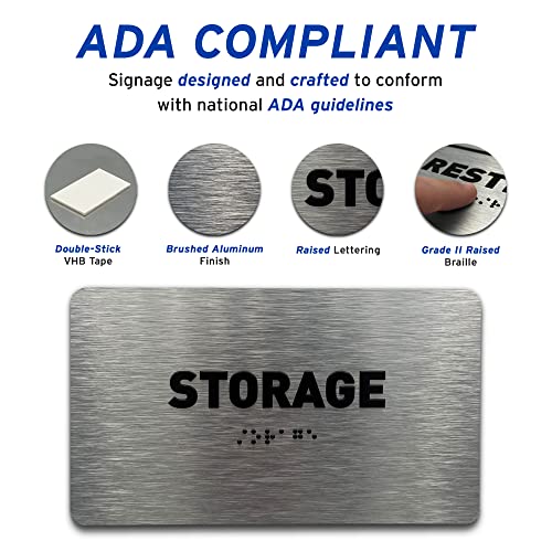 Office Sign by GDS - ADA Compliant, Raised Icons, & Grade 2 Braille - Includes Adhesive Strips for Easy Installation - Modern Utility Signs for Offices, Businesses, & Restaurants - 7\" W x 4\" H (Brushed Aluminum)