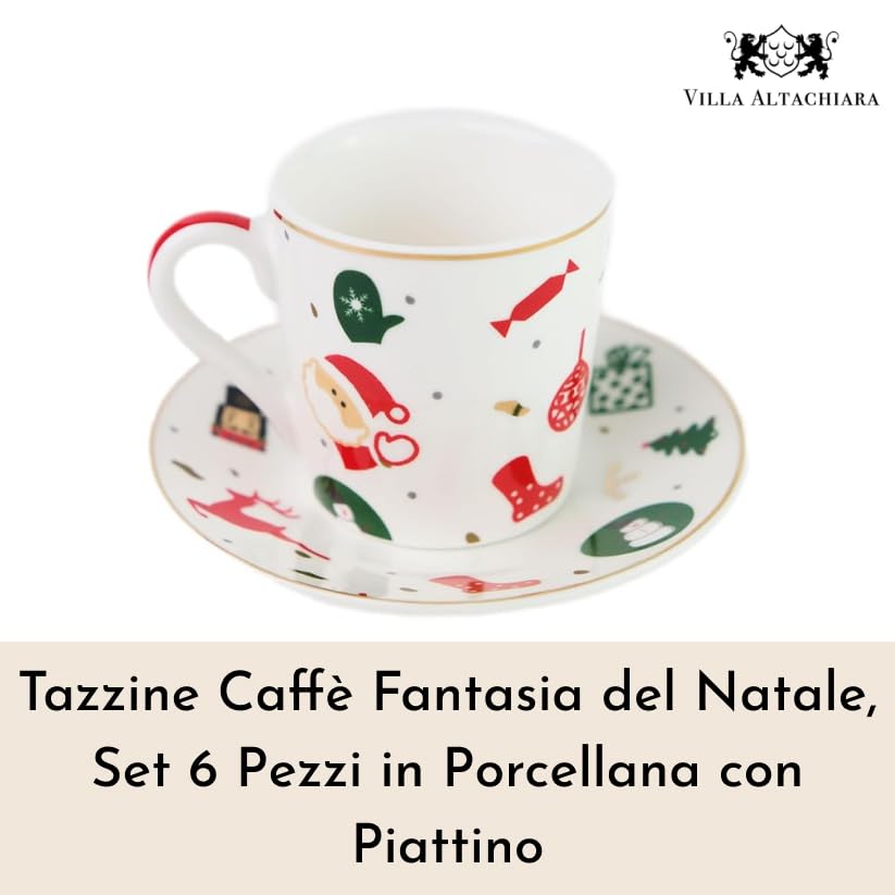 Tazzine Caffè, Set 6 Pezzi Fantasia del Natale in Porcellana con Piatto – Tazzine Caffè Particolari con Decorazioni Natalizie e Idea Regalo Natale per la Tavola delle Feste
