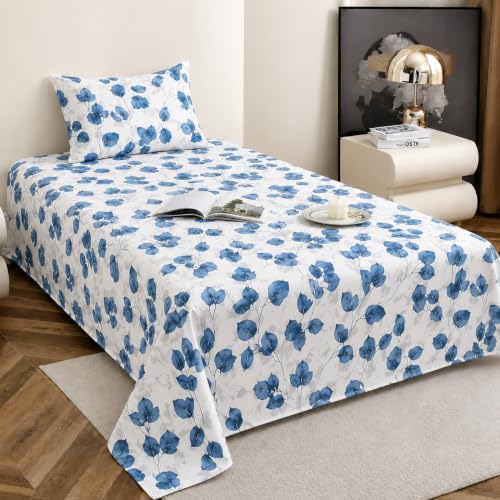 Image of IVAZA 240 TC Soft Ezyption Floral Single Bed Sheet Cotton - Single bedsheet with 1 Pillow Cover Hypoallergenic, Brethable, (Size- 60 x 90 Inch White Blue Leaf
