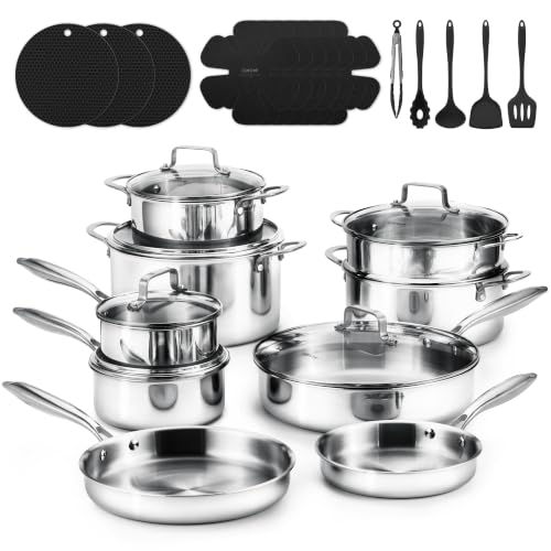 Image of CAROTE 30 PCS Tri-Ply Stainless Steel Cookware Set, Pots and Pans Set, Non Toxic Induction Kitchen Cooking Sets, Cookware Collection, Silver
