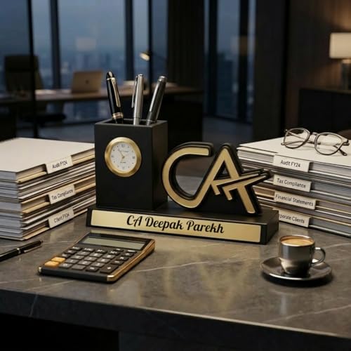 Image of Giftana Personalized CA Pen Stand with Name & Clock, Wooden Desk Organizer with Chartered Accountant Emblem, Customized Pencil Holder for Office Desk, Unique Gift for CA, Birthday & Professional Gift