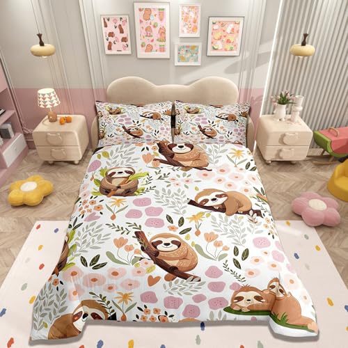 Loussiesd Garçons Filles Mignon Paresseux Parure de Lit, Kawaii Animaux Housse de Couette Enfants Dessin animé Housse de Couette 140x200cm Fleurs colorées...