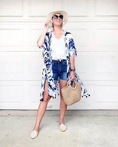 Moss Rose Women's Beach Kimonos Tops Blouses Swimsuit With Bohemian Floral Print Cover Up Cardigant Shawl #TOP4