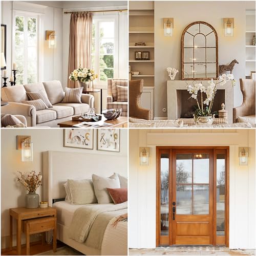 Image of Pia Ricco Wall Sconces Set of 2, Bedside Wall Lamps with Rotary Switch for Bedroom, Modern Bathroom Light Fixtures with Clear Glass Shade, Gold Sconces Wall Lights for Living Room, Hallway, Kitchen