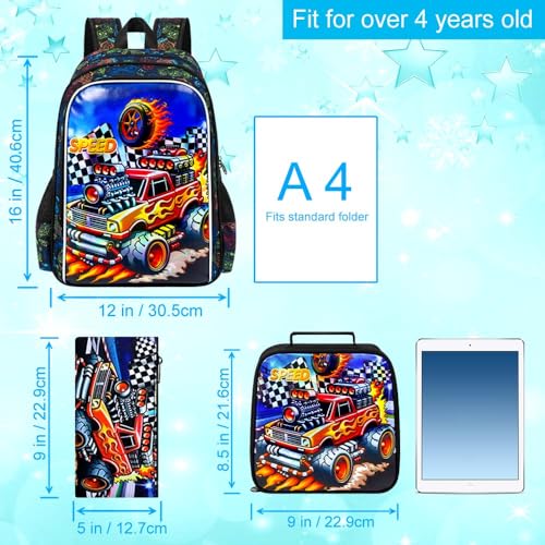 Image of HPJGD 3PCS Truck Kids Backpack for Boys, Water Resistant Elementary Bookbag Set with Lunch Box, Cool School Bag for Preschool Toddler - Red Truck