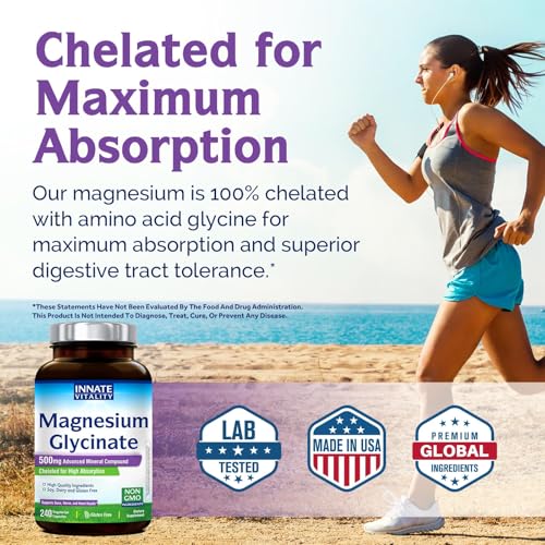 Image of Innate Vitality Magnesium Glycinate 500mg | 70mg Elemental Magnesium Supplement - High Absorption, Non Buffered, Non-GMO & No Gluten - Vegan - Nerve Health - 240 Capsules (Pack of 1)