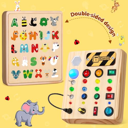 Image of TINTECUSA LED Busy Board, Wooden Sensory Toys for Toddler, Montessori Music Toy for Airplane, Travel Activity Educational Learning Toy, Busy Light Switch Autism Toys, Birthday Boys Girls Gifts