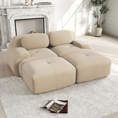 Trdlpyn Divano a 2 Posti in Velluto a Coste, Componibile Modulare Sofà con Chaise Longue, Braccioli Curvati, Imbottitura in Schiuma Altamente Elastica per Soggiorno e Camera da letto,Beige