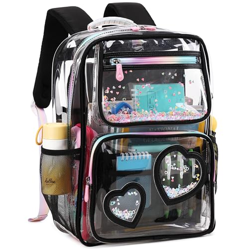 Clear Backpack for Kids Teens Girls Women Heavy Duty See Through Backpacks Cute Elementary Middle High School Bag TPU Transparent Bookbag for College, Work, Stadium Events, Security Travel-Black