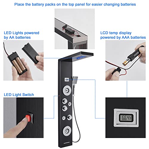 Rovogo Led Shower Panel Tower System With Rainfall Waterfall Shower Head, 2 Body Jets, 4 Mist Spray, Tub Spout And Handheld, Shower Column With Temp Display, Black #TOP6
