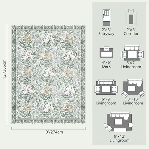 Image of Botanical Floral Area Rug 9x12 Light Green Cream Vintage Garden Design, Perfect for Living Room, Bedroom, Kids Room, Nursery - Stain & Water Resistant Non-Slip, Pet & Child Friendly Area Rugs