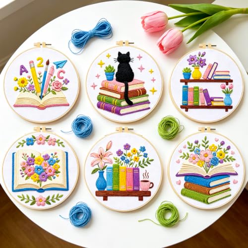 Image of BEUNITONE 6 Set Embroidery Kit for Beginner Adults, Books & Flowers Cross Stitch Set with Stamped Pattern Hoops Threads Cloth Needles, Embroidery Starter Kit for Gifting and Home Decoration