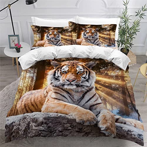 AKATIE Housse de Couette 140x200 Enfant Tigre Parure de Lit 1 Personne Microfibre Housse de Couette Animaux De La Forêt 3D Imprimé Literie Set 3 Pièces avec...