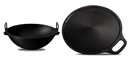 Mr. Butler Natural Pre-seasoned Cast Iron Combo Cookware Set 11 Inch Roti/Dosa Tawa & 9 Inch Kadai/Wok, Black