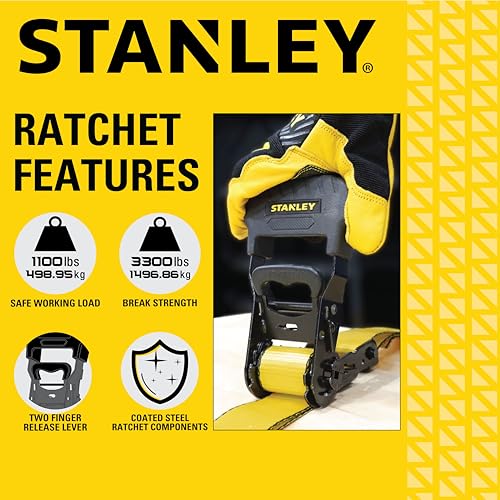 STANLEY S10074 Spanngurte mit Ratsche, 3,8 cm x 4,9 m, für schwere Ladungen (1.500 kg Bruchfestigkeit), Schwarz/Gelb, 4 Stück – Ansicht 4