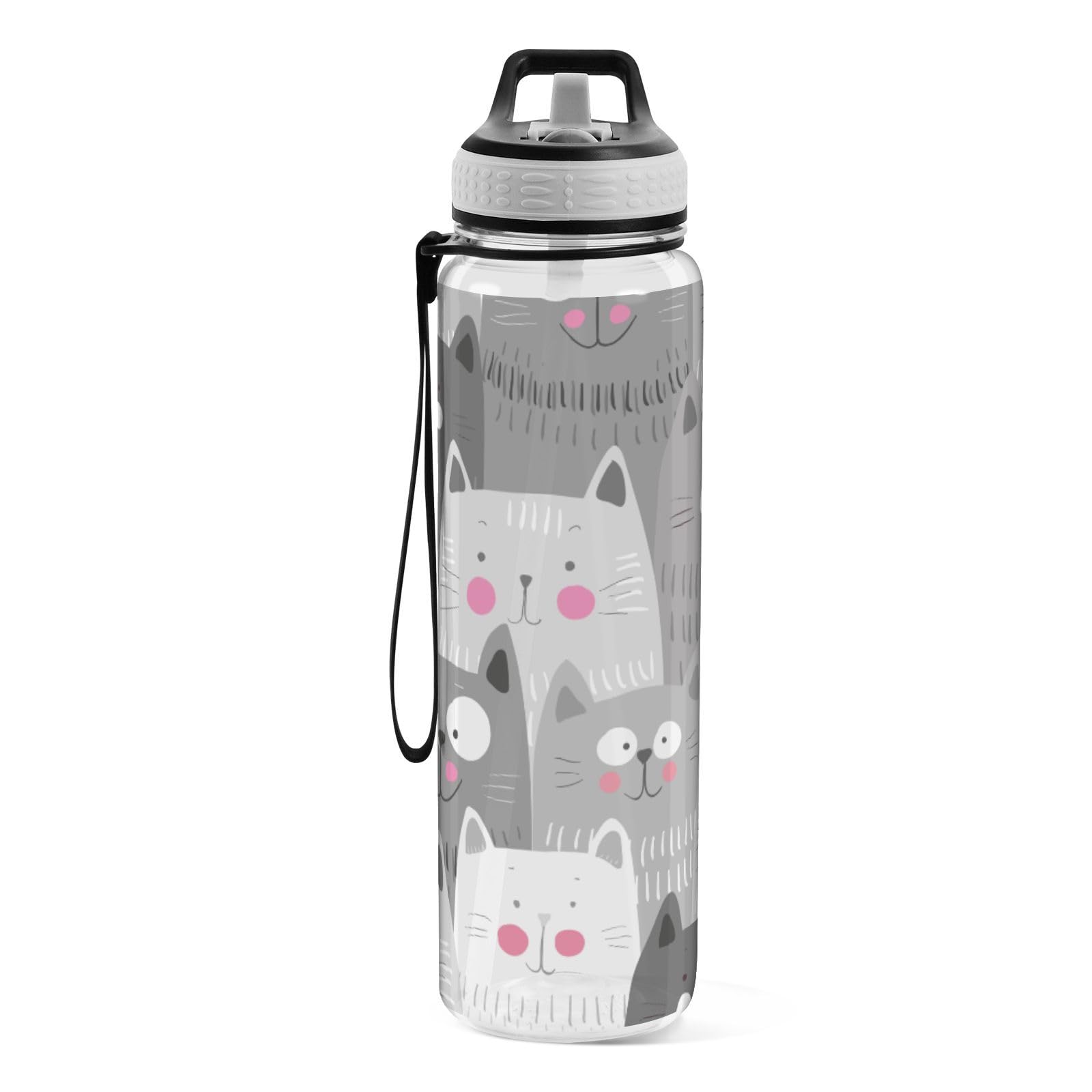 Mnsruu Transparente Sport-Wasserflasche mit Strohhalm, auslaufsichere Trinkflasche, buntes nahtloses Muster, Katzen, Fahrradflaschen für Sport, Büro, Schule, BPA-freier Tritan-Kunststoff, 1 Liter
