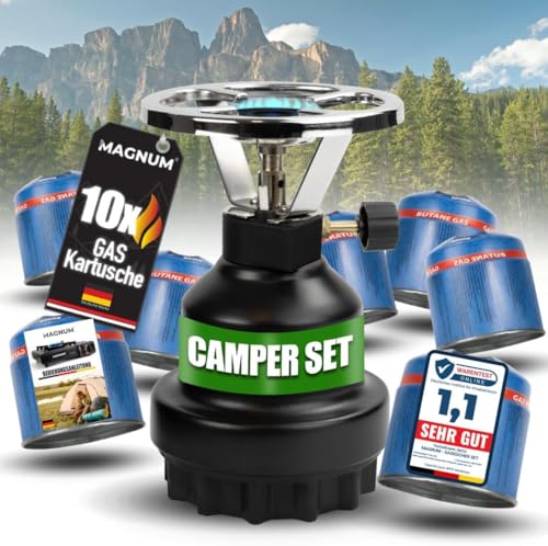 Magnum® Campingkocher inkl. 10 Gaskartuschen - Gaskocher schwarz - Camping Gaskocher...
