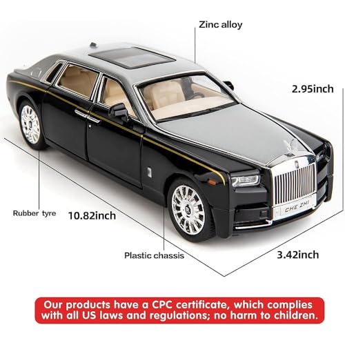 Image of New 1:24 Phantom Diecast Alloy Metal Pull Back Car with Openable Doors Music Sound and Light Vehicle Toy Car for Kids Boys (Silver)
