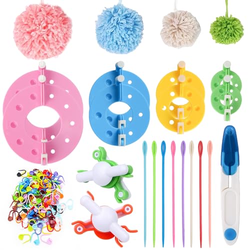 10 Stück Pompom Maker Set 4 Größen Bommel Maker Inklusive diversen Zubehörteilen Wiederverwendbar Geeignet zum Herstellen von Pompons DIY-Bastelarbeiten Hüte Puppen und Dekorationen