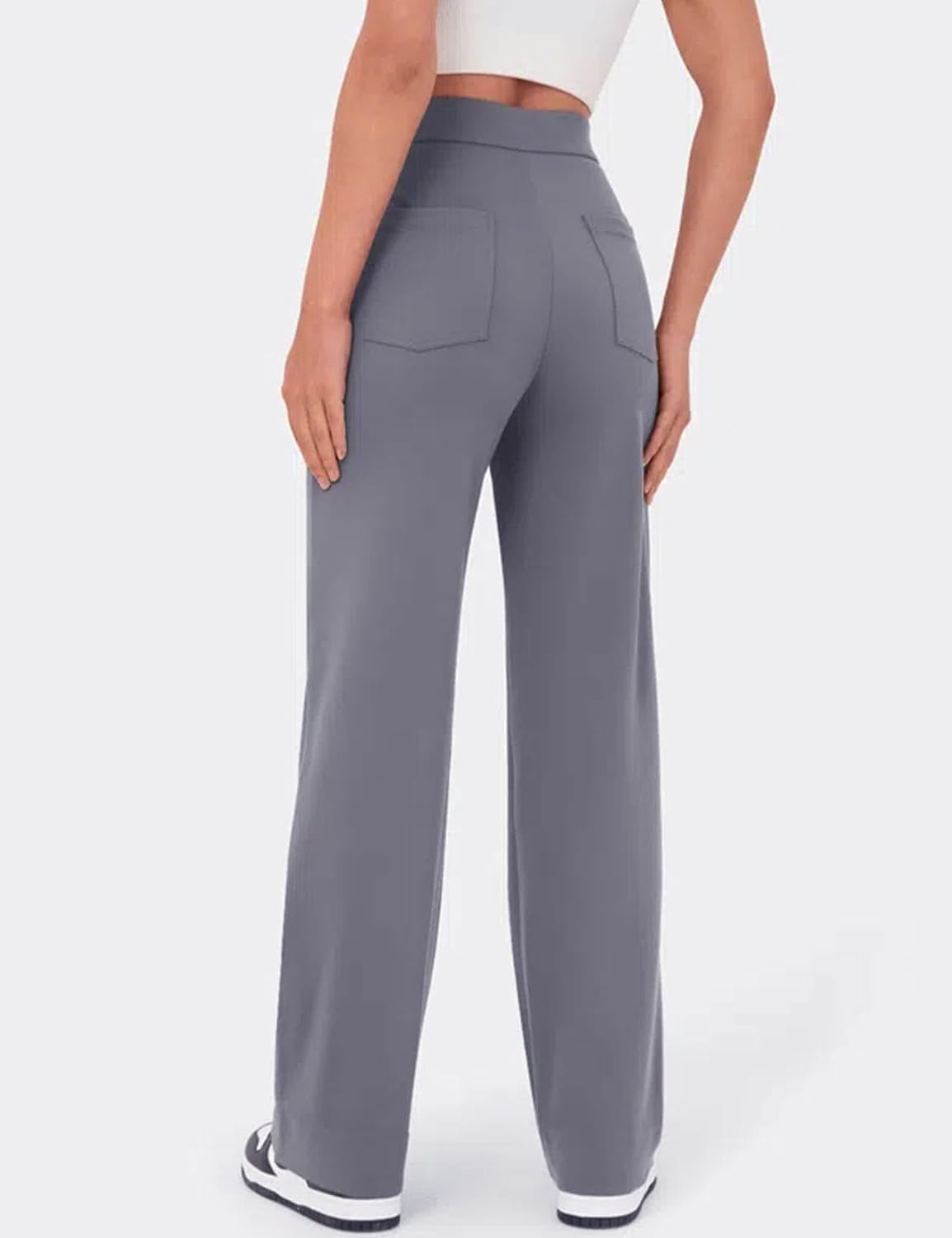 Flygo Womens High Waisted Multiple Pockets Straight Leg Flexipants Stretchy Work Trousers Button Down Casual Pants(Grey Medium) - Image 2