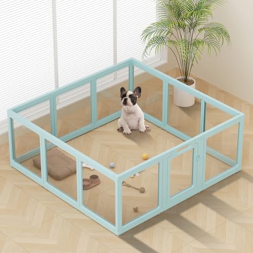 Image of Clear Acrylic Dog Playpen Indoor, Puppy Cat Small Pet Play Pen, Pet Cat Playpen for Rabbits, Dog Fence Crate Kennel Whelping Cage (Green, 12 Panel)