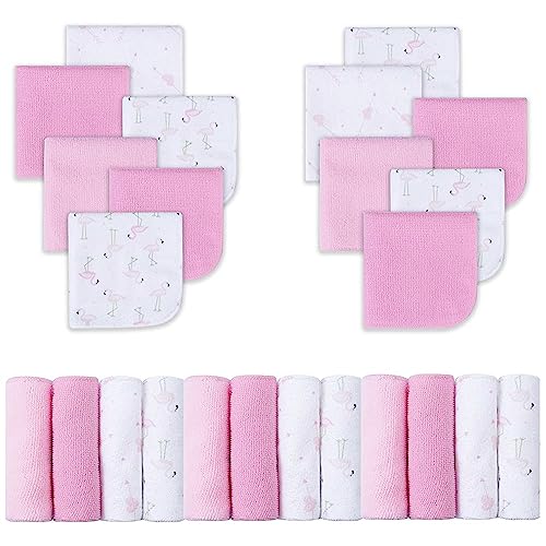 Image of Viviland Baby Washcloths, 24 Pack Super Soft Baby Bath Towels for Newborn, Absorbent Face & Body Wash Cloth for Baby Girl, Flamingos Pattern, 9 x 9 inch