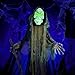 Haunted Hill Farm Life-Size Scary Skeleton Reaper Holding Staff, Halloween Animatronic with Touch Activated Lights and Sound, Battery Operated Indoor or Covered Outdoor Halloween Decorations for Home