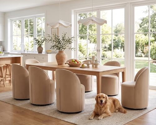 Image of HNY Upholstered Kitchen & Dining Room Barrel Chairs Set of 4, Mid Century Modern Round Velvet Dining Chairs, 360 Degree Swivel Comfy Armless Accent Makeup Vanity Side Chairs for Living Room, Khaki