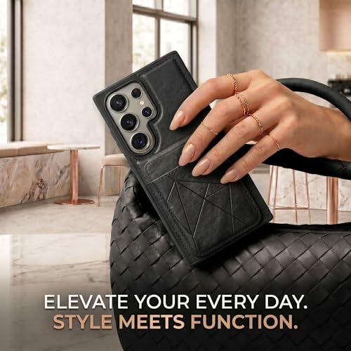 Image of amazon basics Premium Vegan Leather Back Cover with Card Holder and Integrated Mobile Stand for Samsung Galaxy S24 Ultra 5G - Slim Shockproof Wallet Case with Geometric Stitching [Black]