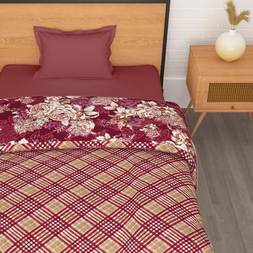 Image of Comforter Single Bed | 240GSM Microfiber Blanket Single Bed | 150x 225cm | Ac Comforter | Magenta & Beige Blanket | Floral Pattern