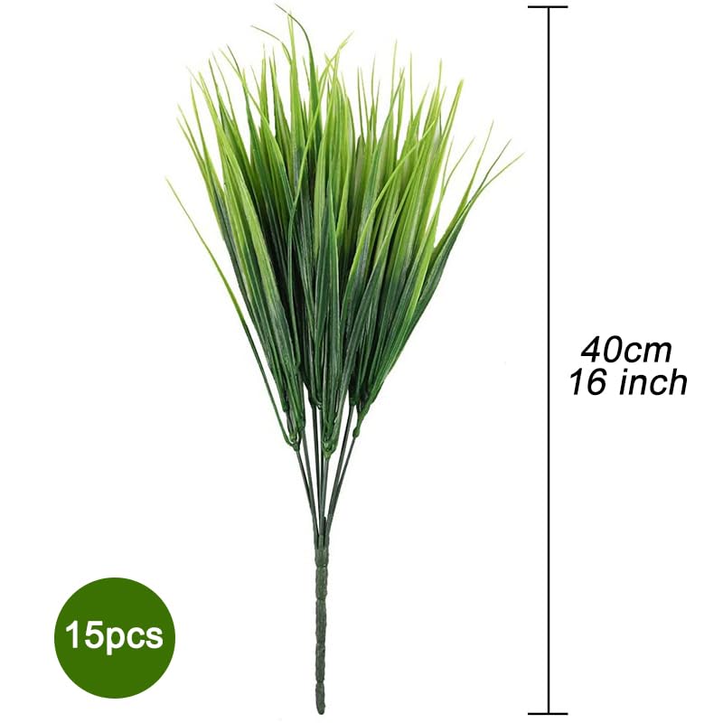 HOOTO Artificial Grass Plants 15 Bunches, Fake Grass UV Resistant Plastic Faux Wheat Grass Greenery Shrubs for House Garden Patio Front Porch Windowsill Balcony Indoor Outdoor Decor
