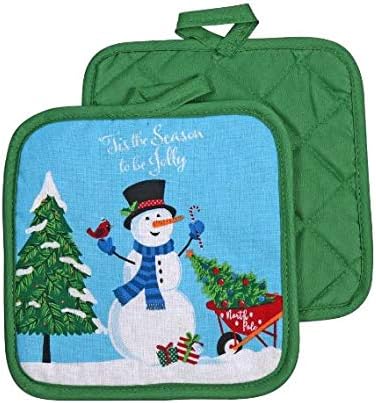 Greenbrier Intl Christmas House Snowman Printed Kitchen Linens (4PCS)
