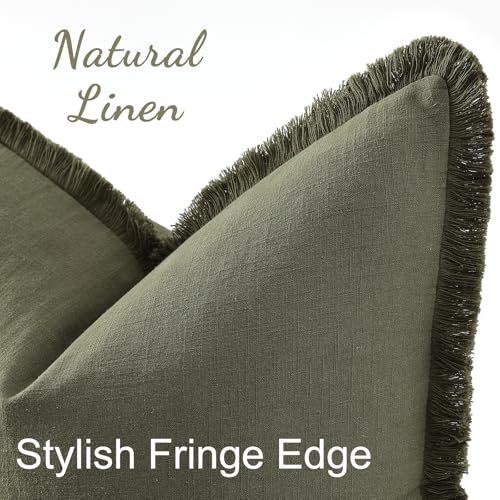 Image of decorUhome Linen Fringe Olive Green Throw Pillow Covers 18x18 Set of 2 | Decorative Soft Accent Modern Boho Farmhouse Cushion Covers with Tassels Cotton Pillow Covers for Couch Bed Sofa