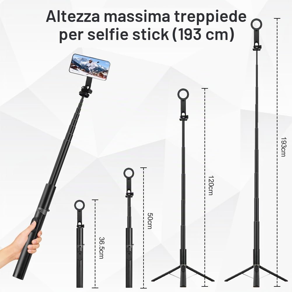 Selfie Stick Treppiede per Telefono, 190cm Bastone Selfie Magnetico, con Telecomando Bluetooth Staccabile e Vite da 1/4 pollice, Treppiede Portatile Estensibile Compatibile con iPhone e Camera