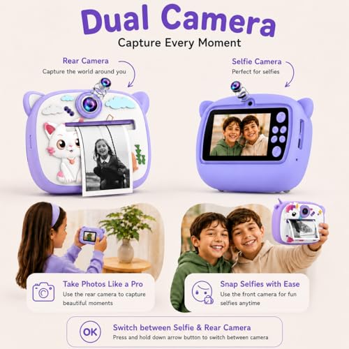 Image of Instant Print Camera 48MP | Photo & Video, Creative Game for Kids Mini LED Digital 1080P HD Display | Long Lasting Battery Life, Ideal Gift for Birthday, Boys & Girls (4 Rolls + 8GB SD Card)