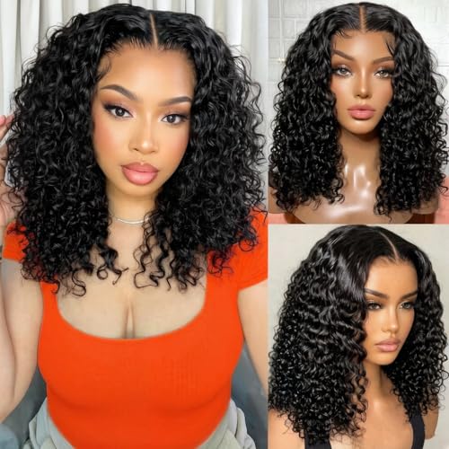 PREMAY 14 Inch Deep Wave Bob Wig Human Hair 13x4 200 Density Short Curly Lace Front Wigs Human Hair HD Transparent Frontal Water Bob Wigs Wet Wavy Glueless Pre Plucked Bob Wig for Women Natural Black
