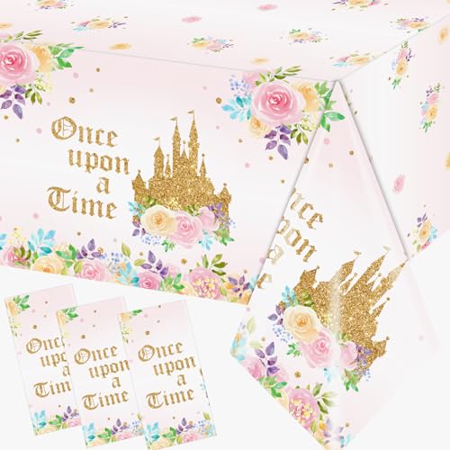 Image of 3PCS Princess Birthday Party Tablecloths Decorations, Once Upon a Time Birthday Decorations Plastic Princess Castle Party Floral Table Cover for Girls Baby Shower