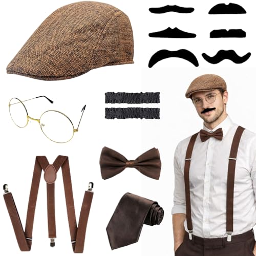 SSKHE Gatsby Fancy Dress Accessories Set de 7 acessórios, acessórios para homem, gangster COS PLAY Costume Set para festas temáticas, festas de casamento, Halloween (castanho)