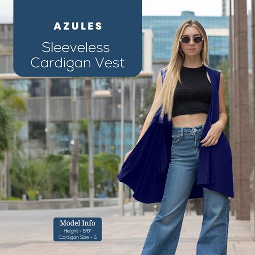 Image of Azules Sleeveless Long Cardigan for Women with Pockets - Lightweight Open Front, Flowy Dressy Layer for Work or Casual Wear