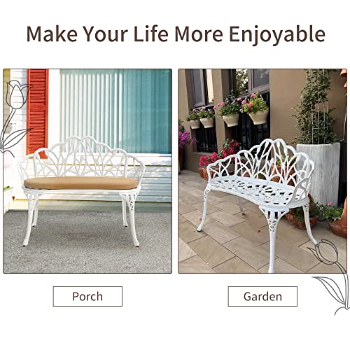 Homefun Outdoor Patio Bench, Garden Bench With Cushion All-Weather Cast Aluminum Extra Loveseat For Lawn Front Porch Path Yard Decor Deck Furniture White #TOP1