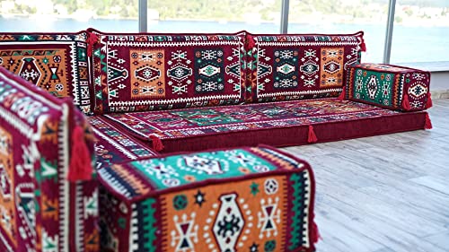 Maroon L Shaped Floor Couch, Sectional Sofa Set, Floor Pillow, Arabic Majlis, Moroccan Livingroom Cushion, 4" Thickness Corner Floor Seating Set (L Sofa Full Set, 4'' Thickness (10 Cm)) #TOP3