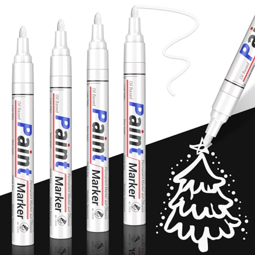 SAKEYR Permanent Marker Wasserfester Stift Lackmarker 4er-Packung Lackstift weiß Schnell Trocknender Wasserfeste Permanentmarker zum Steinen Metall Plastik Papier Holz Gläser