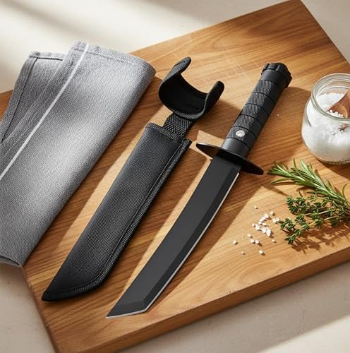 Image of Long Black Kitchen Knife with Protective Sheath | Carbon Steel Vegetable & Meat Cutting Knife | Multipurpose Chef Utility Knife