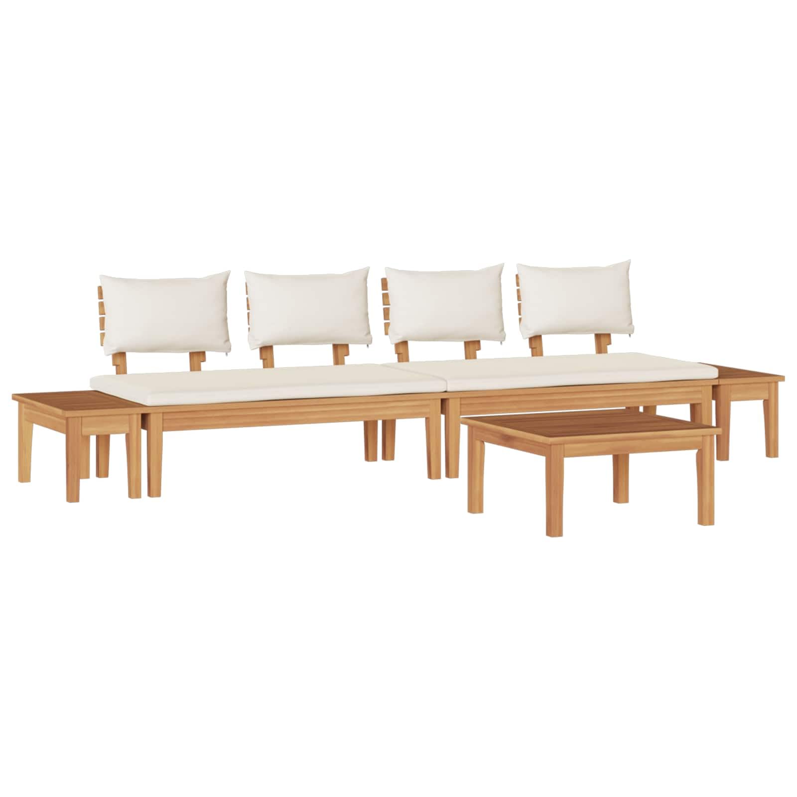 Set di divani da giardino in legno di teak, 5 pezzi, marrone e crema, con meccanismi regolabili, set di mobili da giardino moderni in legno di teak massiccio e morbidi cuscini in poliestere
