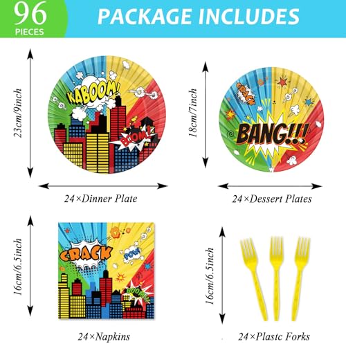 Image of gisgfim 96 Pcs Super Theme Hero Party Plates and Napkins Party Supplies Hero Themed Party Tableware Set Hero Action Disposable Decorations Favors for Birthday Baby Shower for 24 Guests