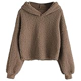 ZAFUL Damen Hoodie einfarbig Langarm Pullover Lockerer Kunstpelz Sweatshirt Kurzes Oberteil Kaffee M