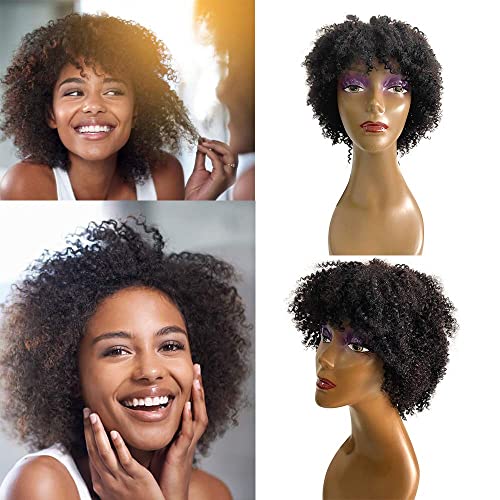 Human Hair Kinky Curly Wig 8 Inch Short Curly Bob Human Hair Afro Wigs for Black Women Real Human Hair Glueless Wear and go Wigs None Lace Front Wig with Bang Afro Kinky Curly Human Hair Wigs