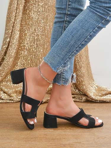 Square Open Toe Strappy Heels Sandals Low Block Chunky Heeled Sandals Slip On Slide Mules Sandals Comfortable Casual Black White Tan Dress Sandals for Women, Black, Size 84